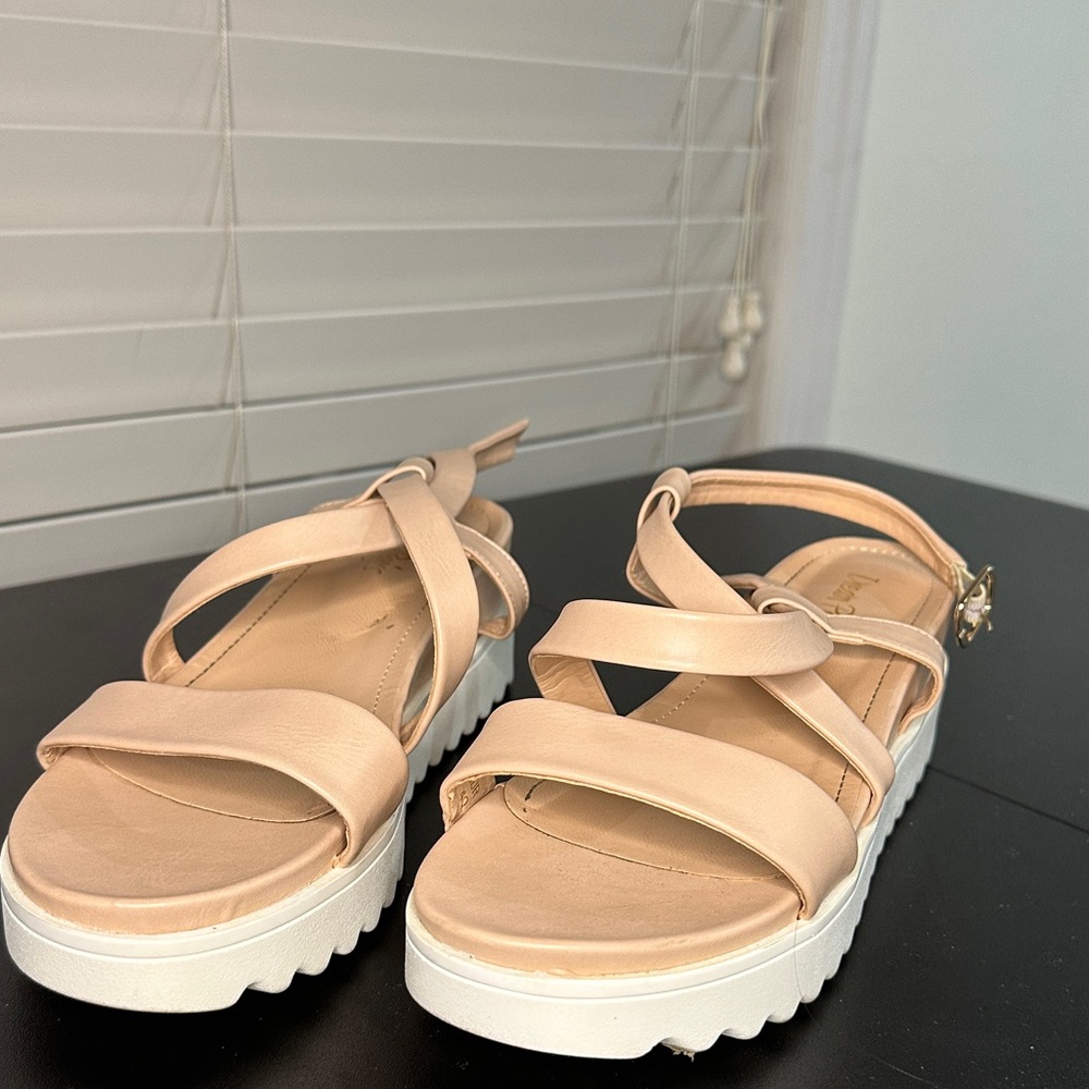 DREAM PAIRS Women’s Nude Pu Open Toe Buckle Ankle Strap Platform Wedge Sandal